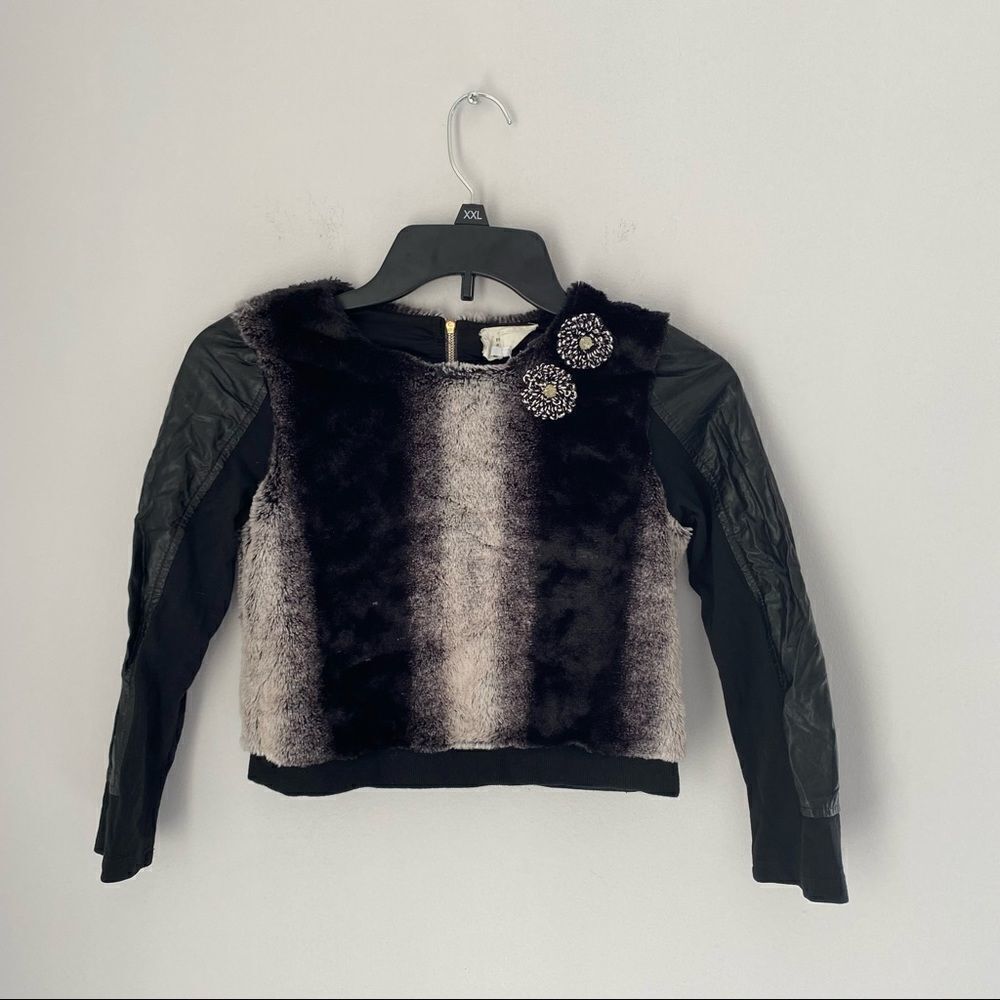 Hannah Banana Girls Long Sleeve Zipper Back Faux Leather Fur Details Top
